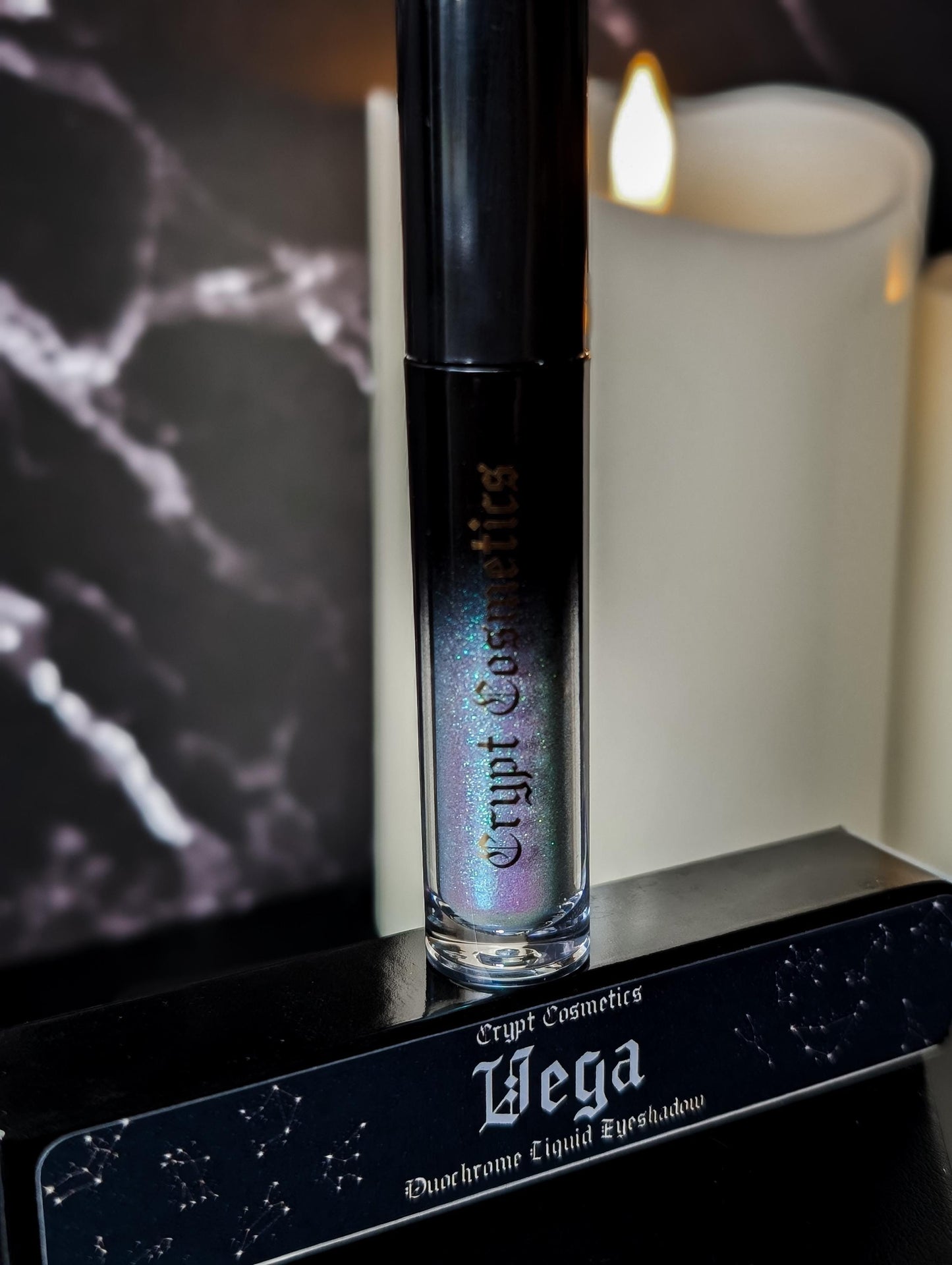 VEGA - Duochrome liquid eyeshadows, space themed, multichrome cosmetics, witchy makeup, astrology, astronomy, highlighter, vegan