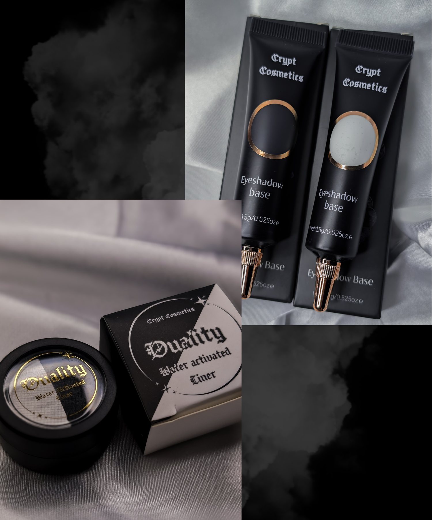 Crypt Cosmetics eyeshadow base and water activated liner packaging on a black smokey background