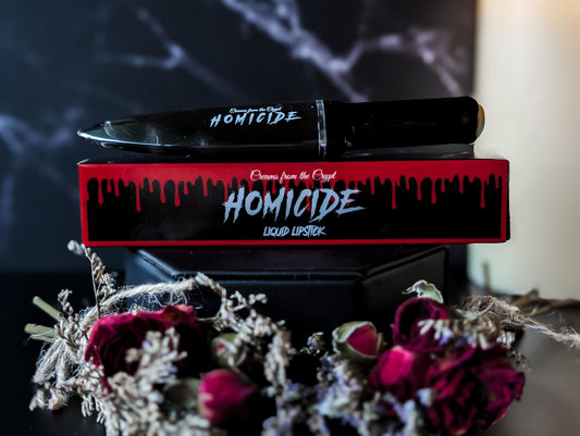 HOMICIDE - Black knife shaped slasher liquid lipstick, lip makeup, gothic cosmetics, matte, horror themed, halloween, gift for her, vegan