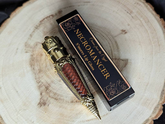 NECROMANCER - S'mores flavored lip gloss, scented, brown color, dark pigment, gothic cosmetics, gold, luxury lip color, vegan makeup, tinted